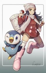 Rule 34 | 1girl, bag, beanie, black hair, boots, closed mouth, coat, commentary request, creatures (company), dawn (pokemon), duffel bag, eyelashes, framed, game freak, gen 4 pokemon, gradient background, hair ornament, hairclip, hat, highres, holding, holding poke ball, kumage kaigan, long hair, long sleeves, looking at viewer, nintendo, over-kneehighs, pink footwear, piplup, poke ball, poke ball (basic), pokemon, pokemon (creature), pokemon dppt, pokemon platinum, red coat, scarf, signature, thighhighs
