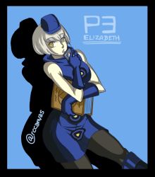 Rule 34 | bare shoulders, black pantyhose, blue dress, book, boots, breasts, dress, elizabeth (persona), gloves, hat, knee boots, lips, pantyhose, persona, persona 3, runaway canvas, short hair, silver hair, solo, yellow eyes