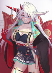 Rule 34 | 1girl, absurdres, akashiro yulice, armor, asymmetrical clothes, asymmetrical horns, azur lane, braid, breasts, cowboy shot, dress, fangs, gloves, hair between eyes, hair on horn, hakuryuu (azur lane), highres, horns, japanese armor, katana, large breasts, long hair, long sleeves, looking at viewer, mismatched horns, multiple horns, ootachi, pleated dress, red gloves, red horns, sash, sheath, sheathed, simple background, single braid, smile, solo, standing, suneate, sword, teeth, thigh strap, weapon, white background, white eyes, white horns, white sash, wide sleeves