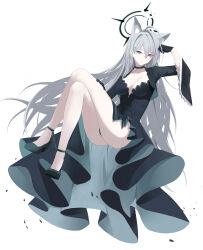 Rule 34 | 1girl, absurdres, ahoge, animal ear fluff, animal ears, ankle strap, arm support, ass, bare legs, black choker, black dress, black gloves, black sleeves, blue archive, breasts, choker, crossed legs, dot nose, dress, floating, full body, gloves, green eyes, grey hair, grin, halo, high heels, highres, kuyoumi, long dress, long hair, long sleeves, medium breasts, shadow, smile, solo, thighs, wide sleeves