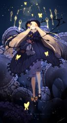 Rule 34 | 1girl, abigail williams (fate), bad id, bad pixiv id, black bow, black dress, black footwear, black hat, blonde hair, bloomers, blue eyes, bow, bug, butterfly, closed mouth, copyright name, dress, english text, expressionless, fate/grand order, fate (series), floating, floating hair, floating object, footwear bow, full body, glowing, glowing butterfly, hands in opposite sleeves, hat, highres, holding, holding stuffed toy, insect, jellyfish, key, keyhole, keyring, light particles, long hair, looking at viewer, magic, mary janes, orange bow, purple bloomers, shoes, signature, straight hair, stuffed animal, stuffed toy, suction cups, tentacles, touzai (poppin phl95), underwater, underwear, very long hair