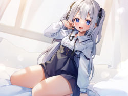 Rule 34 | 1girl, :d, black ribbon, black skirt, blue eyes, chyoling, collared shirt, commentary request, copyright request, curtains, grey hair, hand up, indoors, long hair, long sleeves, looking at viewer, neck ribbon, official art, open mouth, pillow, ribbon, shirt, skirt, smile, solo, transparent, two side up, undone neck ribbon, very long hair, white shirt, window