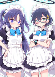 Rule 34 | 2girls, alternate costume, apron, black dress, black hair, blue-framed eyewear, blue archive, blue bow, blue eyes, blue hair, blush, bow, breasts, chihiro (blue archive), closed mouth, collared dress, commentary request, crossed arms, dress, enmaided, frilled apron, frilled dress, frills, glasses, green eyes, hair between eyes, hair ornament, halo, hand on own hip, harada (sansei rain), highres, looking at viewer, maid, maid apron, maid headdress, multiple girls, parted bangs, puffy short sleeves, puffy sleeves, rabbit hair ornament, semi-rimless eyewear, short sleeves, small breasts, sweat, two side up, under-rim eyewear, white apron, yuuka (blue archive)