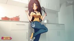 Rule 34 | absurdres, black hair, blue jeans, breasts, cooking, erkerut, highres, long hair, nail polish, small breasts, yellow eyes