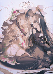 Rule 34 | 2girls, :/, arcaea, bare shoulders, black dress, black footwear, black legwear, blonde hair, blurry, blurry background, blush, bow, breasts, brown eyes, brown hair, character request, closed mouth, commentary request, commission, dress, falling petals, flower, frills, hair bow, high heels, highres, hikari (arcaea), hikari (zero) (arcaea), long hair, looking at another, majamari, multiple girls, off shoulder, parted lips, petals, red flower, red ribbon, red rose, ribbon, rose, simple background, sitting, skeb commission, small breasts, tairitsu (arcaea), thighhighs, twintails, very long hair, wariza, wavy hair, white background, white bow, white dress, yellow eyes, yuri