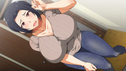 Rule 34 | 1girl, black hair, blush, breasts, cleavage, denim, door, female focus, from above, groin, hand on own thigh, hand up, highres, huge breasts, indoors, jeans, knees together feet apart, kunifuto, legs, looking at viewer, open mouth, original, pants, red eyes, short hair, solo, standing, thighs