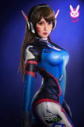 Rule 34 | 1girl, asian, breasts, brown eyes, brown hair, cosplay, d.va (overwatch), facial mark, hana bunny, japanese (nationality), lipstick, looking at viewer, makeup, overwatch, overwatch 1, photo (medium), pilot suit, real life, solo, wide hips