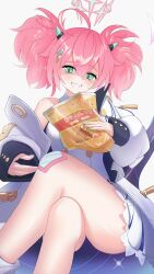 Rule 34 | 1girl, absurdres, bag of chips, blue archive, chips (food), crossed legs, demon girl, demon horns, demon tail, food, gogogoiru, grin, highres, horns, jacket, long hair, looking at viewer, momoka (blue archive), pink hair, pointy ears, potato chips, shirt, smile, solo, tail, white jacket