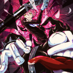 Rule 34 | 1other, absurdres, androgynous, arm up, blunt bangs, blurry, blurry foreground, bracelet, covering own mouth, crona (soul eater), dress, flipped hair, highres, holding, holding own arm, holding sword, holding weapon, jewelry, jitome, long sleeves, looking at viewer, pink hair, ragnarok (demon sword), s0ul20, saliva, short hair, sleeve cuffs, soul eater, spiked bracelet, spikes, sword, tongue, tongue out, weapon, yellow eyes