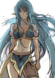 Rule 34 | 00s, 1girl, alternate hairstyle, bad id, bad pixiv id, blue hair, breasts, chia, cowboy shot, judith (tales), long hair, long pointy ears, looking at viewer, medium breasts, midriff, navel, pointy ears, simple background, smile, solo, standing, tales of (series), tales of vesperia, very long hair, white background