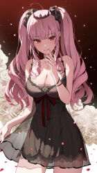 Rule 34 | 1girl, absurdres, bare shoulders, black choker, black nightgown, black scrunchie, bracelet, breasts, choker, cleavage, cowboy shot, falling petals, flower, hair ornament, hair scrunchie, hand up, highres, hololive, hololive english, jewelry, lace-trimmed nightgown, large breasts, light blush, long hair, looking at viewer, maruta (shummylass), mori calliope, mori calliope (sleepwear), nightgown, official alternate costume, official alternate hairstyle, parted lips, petals, pink hair, red eyes, rose, scrunchie, skirt hold, sleepwear, smile, solo, standing, teeth, tiara, twintails, virtual youtuber, white flower, white rose
