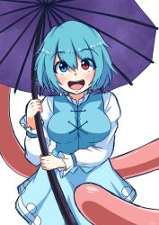 Rule 34 | 1girl, blouse, blue eyes, blue hair, blue skirt, blue vest, blush, breasts, commentary request, cowboy shot, hair between eyes, heterochromia, highres, holding, holding umbrella, horus414, impossible clothes, impossible vest, large breasts, long sleeves, looking at viewer, open mouth, purple umbrella, red eyes, shirt, short hair, simple background, skirt, smile, solo, tatara kogasa, tongue, touhou, umbrella, vest, white background, white shirt