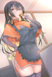 Rule 34 | 1girl, absurdres, apron, black apron, black hair, black thighhighs, capelet, cookie, cowboy shot, cryptocurrency, dutch angle, earrings, eating, food, highres, holding, indoors, jewelry, long hair, monero-chan, multicolored hair, orange capelet, orange eyes, orange hair, orange skirt, original, pencil skirt, second-party source, sharekoube, side slit, skirt, solo, spatula, table, thighhighs, two-tone hair