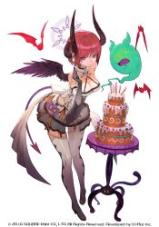 Rule 34 | 1girl, bat (animal), boots, breasts, cake, cleavage, closed mouth, commentary request, demon girl, demon horns, demon tail, demon wings, dress, food, garter straps, ghost, grey dress, high heel boots, high heels, horns, lack, looking at viewer, nel zelpher, official art, pantyhose, purple eyes, red hair, short dress, short hair, simple background, smile, solo, standing, star ocean, table, tail, thighhighs, waist cape, watermark, white background, wings