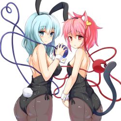 Rule 34 | 2girls, animal ears, ass, bad id, bad pixiv id, bare shoulders, blue eyes, blue hair, blush, breasts, cat ears, cat tail, eyeball, hairband, heart, heart-shaped pupils, heart of string, highres, kittysuit, komeiji koishi, komeiji satori, large breasts, leotard, looking at viewer, multiple girls, nontraditional playboy bunny, ocha (ochappie), pantyhose, pink hair, playboy bunny, rabbit ears, rabbit tail, red eyes, short hair, siblings, simple background, sisters, small breasts, smile, symbol-shaped pupils, tail, third eye, touhou, white background, wrist cuffs
