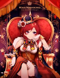 Rule 34 | 10s, 1girl, bow, cape, character name, copyright name, crossed legs, crown, facial mark, flower, frilled thighhighs, frills, fur cape, gloves, head rest, heart, ichinose yukino, looking at viewer, love live!, love live! school idol festival, love live! school idol project, nishikino maki, purple eyes, red flower, red hair, red rose, red theme, rose, single thighhigh, sitting, smile, solo, striped clothes, striped thighhighs, thighhighs, throne, vertical-striped clothes, vertical-striped thighhighs, white gloves