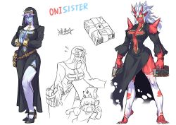 Rule 34 | animal ears, blue oni, blue skin, book, breasts, child, cleavage, cleavage cutout, clothing cutout, colored skin, crying, dog ears, fleeing, habit, own hands clasped, horns, long hair, monster girl, nun, oni, oni horns, original, own hands together, purple hair, red oni, red skin, ryuusei (mark ii), scar, thighhighs, torn clothes, torn legwear, white hair, white legwear, yellow eyes