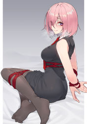 Rule 34 | 1girl, arms behind back, bare shoulders, bdsm, blush, bondage, bound, bound wrists, breasts, expressionless, fate/grand order, fate (series), feet, grey background, hair over eyes, highres, jjune, large breasts, looking at viewer, mash kyrielight, necktie, no shoes, pantyhose, purple eyes, purple hair, red necktie, red ribbon, restrained, ribbon, ribbon bondage, short hair, solo, sweat, twitter username