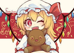 Rule 34 | 1girl, absurdres, blonde hair, blush, character name, crystal, fangs, flandre scarlet, hair between eyes, hat, hat ribbon, highres, holding, holding stuffed toy, looking at viewer, medium hair, mob cap, mujib, multicolored background, multicolored wings, one eye closed, open mouth, puffy short sleeves, puffy sleeves, red background, red eyes, red ribbon, red vest, ribbon, shirt, short sleeves, sleeve ribbon, solo, stuffed animal, stuffed toy, teddy bear, teeth, touhou, upper body, upper teeth only, vest, white background, white hat, white shirt, wings