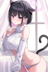 Rule 34 | 1girl, alternate costume, animal ears, asashin (asn), black hair, blue archive, blunt ends, blush, breasts, cat ears, cat girl, cat tail, colored inner animal ears, colored inner hair, commentary request, detached sleeves, ear down, extra ears, hair ornament, hairclip, halo, hand up, highres, indoors, kazusa (blue archive), large breasts, leaning forward, looking at viewer, meme attire, midriff, multicolored hair, navel, panties, pink hair, pink halo, red eyes, ribbed sleeves, ribbed sweater, solo, sweater, tail, turtleneck, turtleneck sweater, underboob, underwear, virgin destroyer sweater, wavy mouth, white panties, white sweater