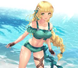 Rule 34 | 1girl, bare shoulders, beach, bikini, blonde hair, blunt bangs, blush, braid, breasts, brown gloves, cait aron, cleavage, collarbone, cowboy shot, crop top, fingerless gloves, fire emblem, fire emblem: three houses, fire emblem heroes, flower, gloves, green bikini, green eyes, hair flower, hair ornament, hair ribbon, highres, ingrid brandl galatea, large breasts, leaning forward, long hair, looking at viewer, midriff, navel, nintendo, off-shoulder bikini, off shoulder, official alternate costume, open mouth, outdoors, ribbon, short sleeves, shorts, single braid, smile, solo, stomach, swimsuit, very long hair, water