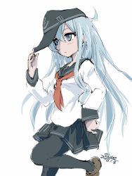 Rule 34 | 1girl, 2018, 4suke, anchor symbol, artist name, black hat, black sailor collar, black skirt, blue eyes, blue hair, breasts, brown footwear, closed mouth, dated, eyebrows, facing away, frown, hair between eyes, hand on headwear, hat, hibiki (kancolle), kantai collection, leg up, loafers, long hair, long sleeves, looking away, miniskirt, neckerchief, pantyhose, pleated skirt, red neckerchief, roman numeral, sailor collar, school uniform, serafuku, shirt, shoes, skirt, sleeve cuffs, small breasts, solo, standing, standing on one leg, white shirt