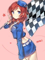 Rule 34 | 10s, 1girl, blue eyes, character name, checkered flag, flag, hat, looking at viewer, love live!, love live! school idol project, midriff, nishikino maki, police, race queen, red hair, skirt, solo, yuran