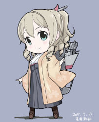 Rule 34 | 1girl, blonde hair, blue eyes, boots, brown footwear, chibi, closed mouth, commentary request, curly hair, dated, floral print, grey background, grey skirt, hair between eyes, hair ornament, hairpin, hatakaze (kancolle), holding, holding weapon, japanese clothes, kantai collection, kimono, light blush, long skirt, long sleeves, looking at viewer, machinery, mihama machi, pleated skirt, ponytail, shadow, signature, simple background, skirt, smile, solo, torpedo, torpedo tubes, weapon, yellow kimono