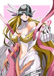 Rule 34 | 1girl, :o, absurdres, angel, angel wings, angewomon, armpit crease, asymmetrical clothes, bare shoulders, blonde hair, blue eyes, blush, bodysuit, boobplate, breastplate, breasts, broken helmet, cleavage, commentary request, covered collarbone, covered eyes, cowboy shot, digimon, digimon (creature), elbow gloves, feathered wings, finger heart, gloves, hagoromo, heart, helmet, helmet over eyes, highres, long hair, looking at viewer, medium breasts, multiple wings, navel, open mouth, pink nails, sawa d, shawl, single elbow glove, solo, standing, stomach, torn bodysuit, torn clothes, white bodysuit, winged helmet, wings, wrist wings, zipper