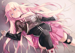 Rule 34 | 1girl, ahoge, bad id, bad pixiv id, bare shoulders, black thighhighs, blue eyes, braid, choker, detached sleeves, hair ornament, ia (vocaloid), jewelry, layered sleeves, long hair, long sleeves, looking at viewer, lying, off shoulder, official art, on back, pink hair, re lucy, ring, shirt, short over long sleeves, short sleeves, single thighhigh, skirt, solo, thighhighs, twin braids, very long hair, vocaloid, zettai ryouiki