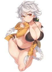 Rule 34 | 10s, 1girl, alternate costume, bad id, bad twitter id, bare shoulders, bikini, black bikini, black ribbon, braid, breasts, brown eyes, cleavage, closed mouth, collarbone, hand on own cheek, hand on own face, head tilt, holding, holding own hair, hood, hood down, hooded jacket, jacket, kantai collection, kneeling, large breasts, leaning forward, long hair, looking at viewer, navel, off shoulder, open clothes, open jacket, pokoten (pokoten718), ribbon, side-tie bikini bottom, silver hair, simple background, single braid, smile, solo, stomach, swimsuit, unryuu (kancolle), very long hair, white background, yellow jacket