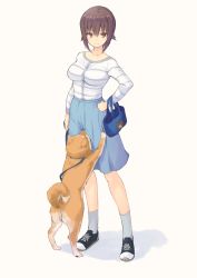 Rule 34 | 10s, 1girl, animal print, bag, bear print, black footwear, blue skirt, blue sky, brown eyes, brown hair, carrying, casual, closed mouth, commentary, cross-laced footwear, dog, full body, girls und panzer, grey shirt, grey socks, hand on own hip, handbag, highres, holding, leash, long sleeves, looking at viewer, medium skirt, nishizumi maho, scene reference, shiba inu, shirt, shoes, short hair, skirt, sky, smile, sneakers, socks, solo, standing, striped clothes, striped shirt, uro (urotanc)