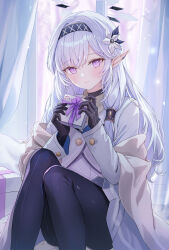Rule 34 | 1girl, black gloves, blue archive, funii, gloves, hairband, himari (blue archive), indoors, long hair, long sleeves, looking at viewer, purple eyes, smile, solo, white hair