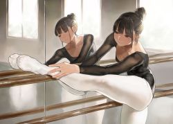 Rule 34 | 1girl, athletic leotard, ballerina, ballet, barre, breasts, brown eyes, brown hair, cleavage, closed mouth, collarbone, feet, flexible, hair between eyes, hair bun, hands on own leg, highres, indoors, leaning forward, leg lift, leg up, legs, leotard, light smile, long hair, long sleeves, looking away, mirror, no shoes, original, outstretched leg, pantyhose, plantar flexion, reflection, single hair bun, small breasts, solo, standing, standing on one leg, stretching, thighs, white pantyhose, yomu (sgt epper)