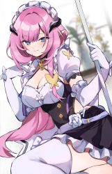 Rule 34 | 1girl, alternate costume, apron, blue eyes, blurry, blurry background, breasts, cleavage, closed mouth, dress, elbow gloves, elf, elysia (honkai impact), elysia (miss pink elf) (honkai impact), enmaided, flower, frilled dress, frills, gloves, hatopo 8po, highres, holding, honkai (series), honkai impact 3rd, large breasts, long hair, looking at viewer, maid, maid apron, maid headdress, pink hair, plant, pointy ears, ponytail, shorts, smile, solo, thighhighs, vase, white flower, white gloves, white thighhighs, window