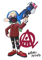 Rule 34 | 1girl, black pants, blue hair, buttons, commentary request, full body, gradient hair, green hair, gun, hand on own hip, highres, holding, holding gun, holding weapon, inkling, inkling girl, inkling player character, long hair, mask, mouth mask, multicolored hair, nintendo, pants, plaid, plaid shirt, pointy ears, purple eyes, red footwear, red shirt, shirt, shoes, simple background, solo, splatoon (series), splatoon 3, splattershot nova (splatoon), torn clothes, torn pants, two-tone hair, v-shaped eyebrows, weapon, white background, xdies ds