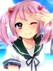 Rule 34 | 10s, 1girl, cloud, day, hair bobbles, hair ornament, harugamitsu, kantai collection, long hair, looking at viewer, ocean, one eye closed, personification, pink eyes, pink hair, sazanami (kancolle), school uniform, serafuku, sky, smile, solo, twintails, wink
