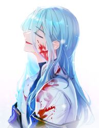 Rule 34 | 1boy, ainchase ishmael, backlighting, blood, blood on clothes, blood on face, blue hair, blue shirt, elsword, fractalmagnolia, from side, hair between eyes, long hair, male focus, open mouth, parted lips, profile, richter (elsword), shirt, simple background, solo, upper body, very long hair, white background