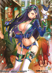 Rule 34 | 1girl, 3boys, after battle, alley, blood, brass knuckles, breasts, cleavage, cropped jacket, earrings, eyewear on head, garter straps, glasses, holster, jewelry, large breasts, long hair, looking at viewer, midriff, multiple boys, nail polish, navel, no bra, popqn, purple eyes, purple hair, qurare magic library, short shorts, shorts, solo focus, speed lines, sunglasses, thigh holster, thigh strap, thighhighs, unzipped, very long hair, weapon, white thighhighs