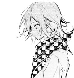 Rule 34 | 1boy, bad id, bad twitter id, checkered clothes, checkered neckwear, checkered scarf, closed mouth, commentary request, danganronpa (series), danganronpa v3: killing harmony, from side, greyscale, hambagseu, jacket, looking down, male focus, monochrome, oma kokichi, profile, scarf, short hair, solo, upper body