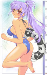 Rule 34 | 1girl, arche de noe, ass, back, barefoot, breasts, feet, innertube, long hair, looking back, non-web source, one-piece swimsuit, original, pink eyes, ponytail, purple hair, r1, shiny clothes, solo, swim ring, swimsuit