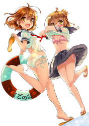 Rule 34 | 10s, 2girls, :d, ahoge, barefoot, bikini, breasts, brown eyes, brown hair, clothes lift, embarrassed, fang, feet, flat chest, flip-flops, folded ponytail, happy, highres, ikazuchi (kancolle), inazuma (kancolle), innertube, kanipanda, kantai collection, leg up, multiple girls, navel, open mouth, original, sandals, school uniform, serafuku, shirt lift, shoes, short hair, shy, simple background, single shoe, skirt, small breasts, smile, standing, standing on one leg, swim ring, swimsuit, undressing, white background, yellow eyes