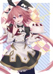 Rule 34 | 1boy, astolfo (fate), astolfo (saber) (fate), astolfo (saber) (third ascension) (fate), black bow, black gloves, black ribbon, blush, bow, bowtie, cake, commentary request, dress, fate/grand order, fate (series), food, gloves, hair between eyes, hair bow, hair intakes, hair ribbon, highres, holding, holding cake, holding food, long hair, long sleeves, looking at viewer, male focus, matsuharu (lip-mil), multicolored hair, pantyhose, pink hair, purple eyes, ribbon, smile, solo, streaked hair, trap, twintails, white hair
