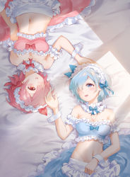Rule 34 | 2girls, :d, apron, arm cuffs, bandeau, bare arms, bare shoulders, bed sheet, blue bow, blue eyes, blue hair, blue skirt, blush, bow, breasts, cleavage, collar, commentary request, detached collar, frilled collar, frilled hairband, frills, hair bow, hair over one eye, hairband, hand up, highres, jokanhiyou, lolita hairband, looking at another, lying, medium breasts, midriff, multiple girls, navel, on back, open mouth, petticoat, pink eyes, pink hair, pink skirt, ram (re:zero), re:zero kara hajimeru isekai seikatsu, rem (re:zero), short hair, siblings, sisters, skirt, skirt set, smile, stomach, strapless, tube top, twins, upper body, upside-down, waist apron, white apron, white hairband, wrist cuffs