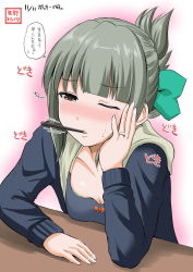 Rule 34 | 10s, 1girl, blush, brown eyes, head rest, folded ponytail, green hair, jewelry, kantai collection, long hair, mouth hold, one eye closed, pocky, ring, solo, translation request, upper body, wedding band, yano toshinori, yuubari (kancolle)