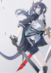Rule 34 | 1girl, absurdres, arknights, bare shoulders, belt, black gloves, black shorts, blue belt, blue hair, blue jacket, ch&#039;en (arknights), chi xiao (arknights), dragon horns, dragon tail, feet out of frame, fingerless gloves, gloves, grey shirt, hair between eyes, highres, holding, holding sword, holding weapon, horns, huge filesize, jacket, kogoe (alphabetgir1s), long hair, looking away, looking to the side, navel, necktie, off shoulder, open clothes, open jacket, parted lips, red eyes, shirt, short shorts, shorts, simple background, sleeveless, sleeveless shirt, solo, standing, sword, tail, thighs, weapon, white background