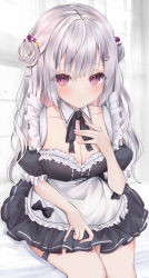 Rule 34 | 1girl, absurdres, apron, black bow, black bowtie, black ribbon, blush, bow, bowtie, breasts, cleavage, closed mouth, collarbone, detached collar, detached sleeves, hair ornament, heart, heart hair ornament, highres, long hair, looking at viewer, maid, maid apron, medium breasts, moemoepiano, off-shoulder shirt, off shoulder, original, pink eyes, ribbon, shirt, short sleeves, sidelocks, sitting, sleeveless, solo, twintails, waist apron, white hair