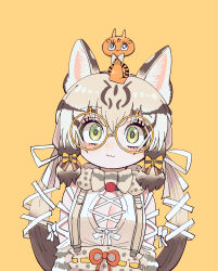 Rule 34 | 1girl, absurdres, animal costume, animal ear fluff, animal ears, bespectacled, bow, bowtie, cat ears, cat girl, closed mouth, extra ears, geoffroy&#039;s cat (kemono friends), glasses, green eyes, highres, kanmoku-san, kemono friends, kemono friends v project, long hair, looking at viewer, microphone, multicolored hair, ribbon, round eyewear, shirt, simple background, skirt, suspenders, twintails, virtual youtuber, yellow-framed eyewear