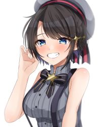 Rule 34 | 1girl, black bow, blouse, blue eyes, bow, breasts, brown hair, fingernails, grey shirt, grin, hair ornament, hairclip, hand up, hat, hat ribbon, highres, hololive, impossible clothes, impossible shirt, looking at viewer, medium breasts, moonbell, oozora subaru, oozora subaru (work), ribbon, sailor hat, shirt, short hair with long locks, sidelocks, simple background, single sidelock, sleeveless, sleeveless shirt, smile, solo, star (symbol), star hair ornament, star pin, striped clothes, striped ribbon, striped shirt, suspenders, upper body, vertical-striped clothes, vertical-striped shirt, virtual youtuber, white background