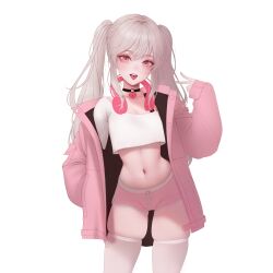 Rule 34 | 1girl, breasts, choker, cleavage, coat, collarbone, contrapposto, cowboy shot, crop top, dolphin shorts, drawstring, eyeshadow, grey hair, hair between eyes, hand in pocket, hand up, headphones, headphones around neck, heart, heart choker, highres, leaning forward, long hair, looking at viewer, madan (kkh8936), makeup, medium breasts, midriff, navel, open clothes, open coat, open mouth, original, pink coat, pink eyes, pink shorts, scoop neck, shirt, short shorts, shorts, sidelocks, simple background, skindentation, smile, solo, swept bangs, thighhighs, tongue, tongue out, twintails, unfinished, v, white background, white shirt, white thighhighs